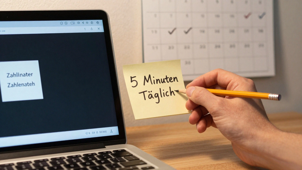 Hand schreibt &#039;5 Minuten täglich&#039; auf einen Zettel neben einem Laptop, der ein Zahlenratespiel anzeigt, mit Kalender im Hintergrund.