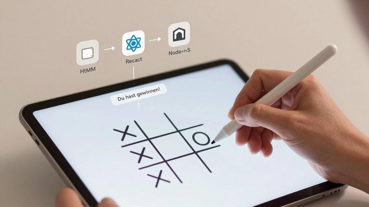 Hand zeichnet Tic-Tac-Toe auf Tablet, JavaScript-Code schwebt als digitale Partikel um das Spiel