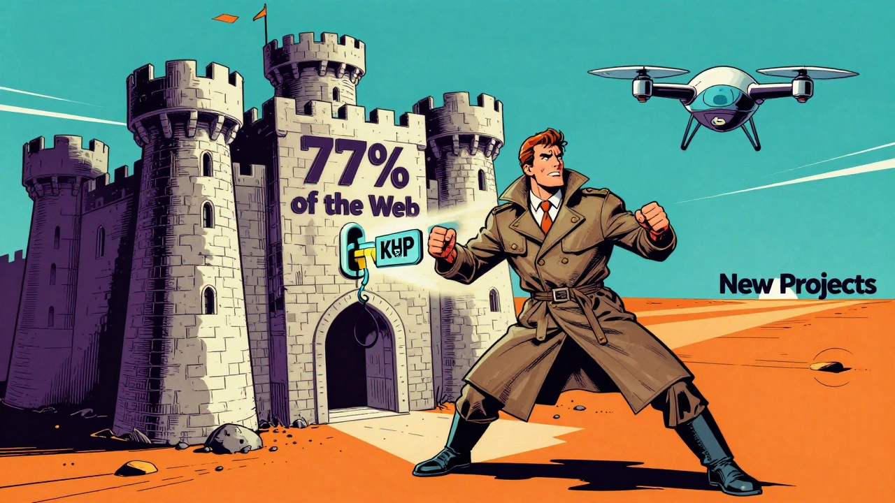 Heldenhafte Developer mit PHP-Schlüssel, die eine Burg mit 77% des Webs öffnet, im Comic-Stil.