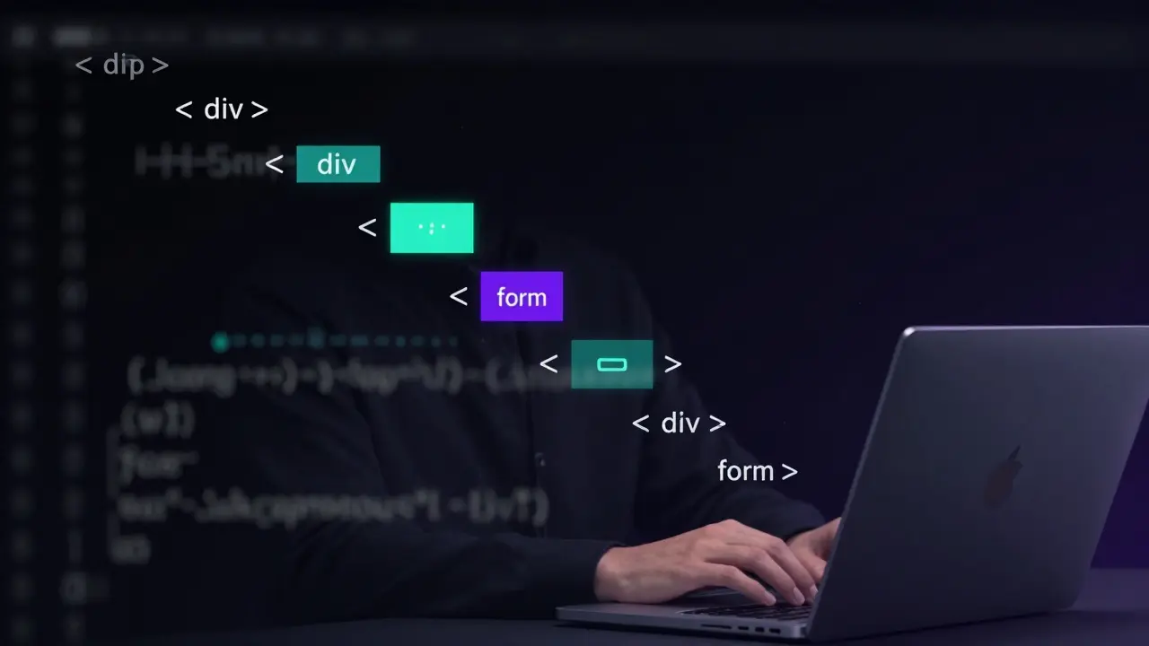 JavaScript-Code, der eine HTML-Struktur aus fragmentierten Elementen zusammenbaut.