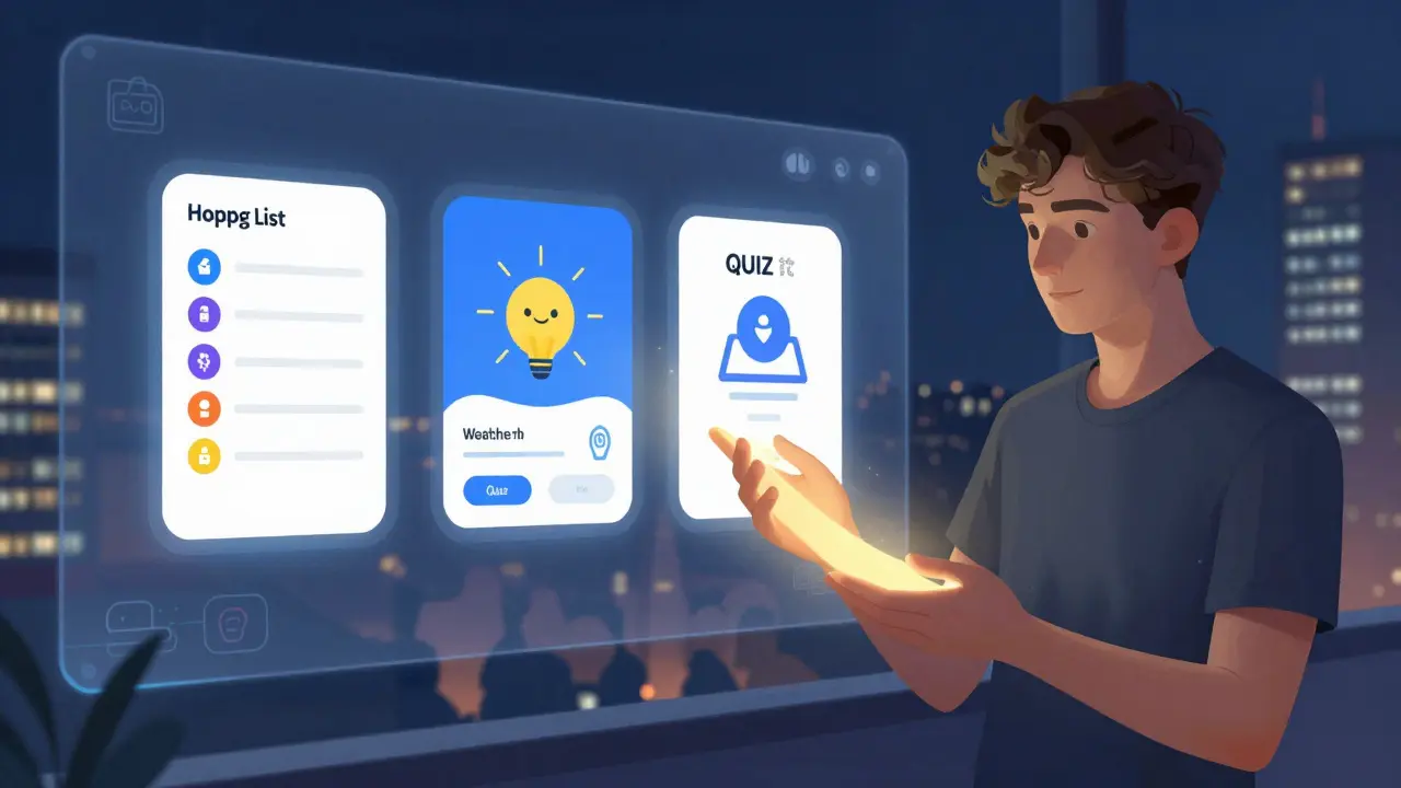 Junge Entwicklerin vor einer digitalen Wand mit drei GitHub-Projekten: Einkaufsliste, Wetter-App und Quiz-App.