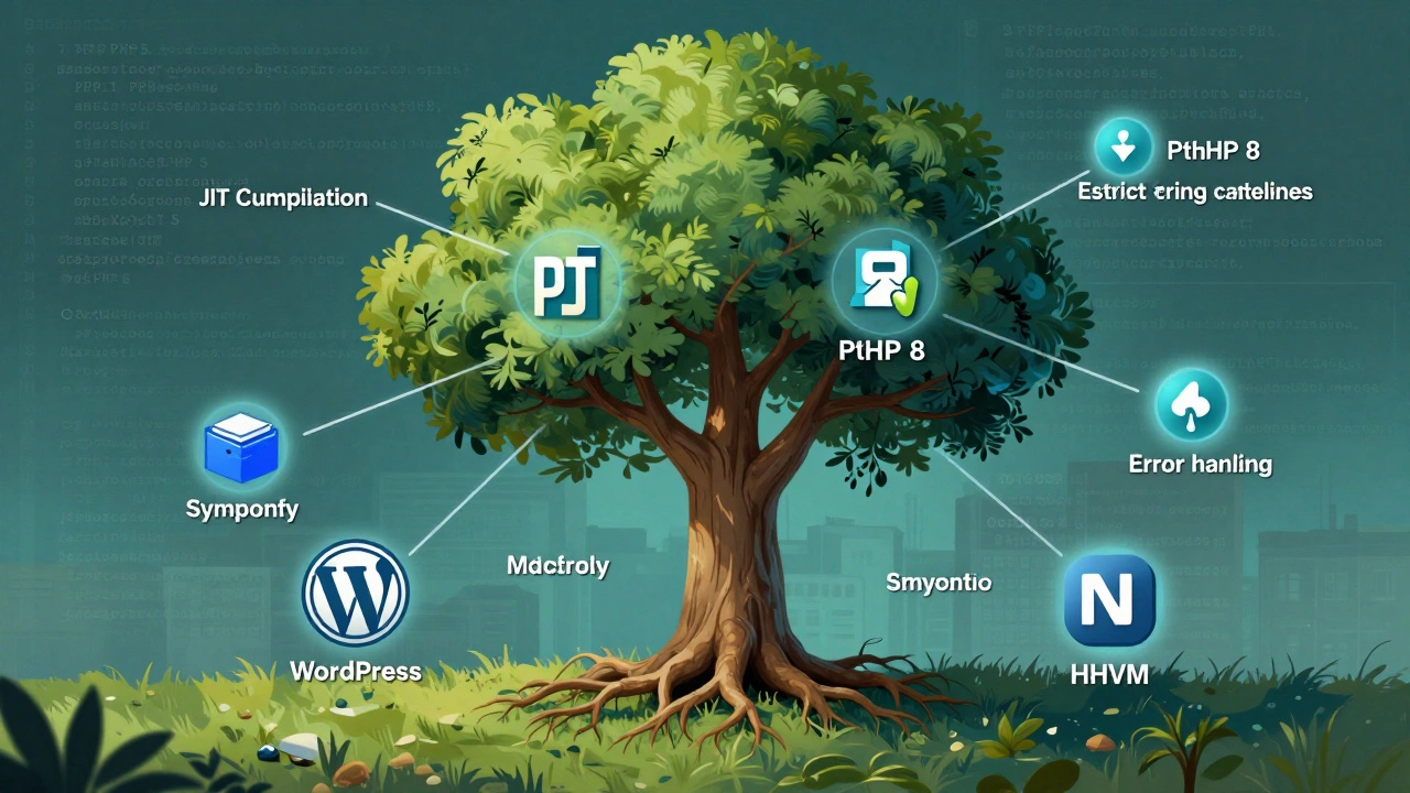 PHP als Baum mit modernen Technologien als Äste und altem Code als welkem Laub.