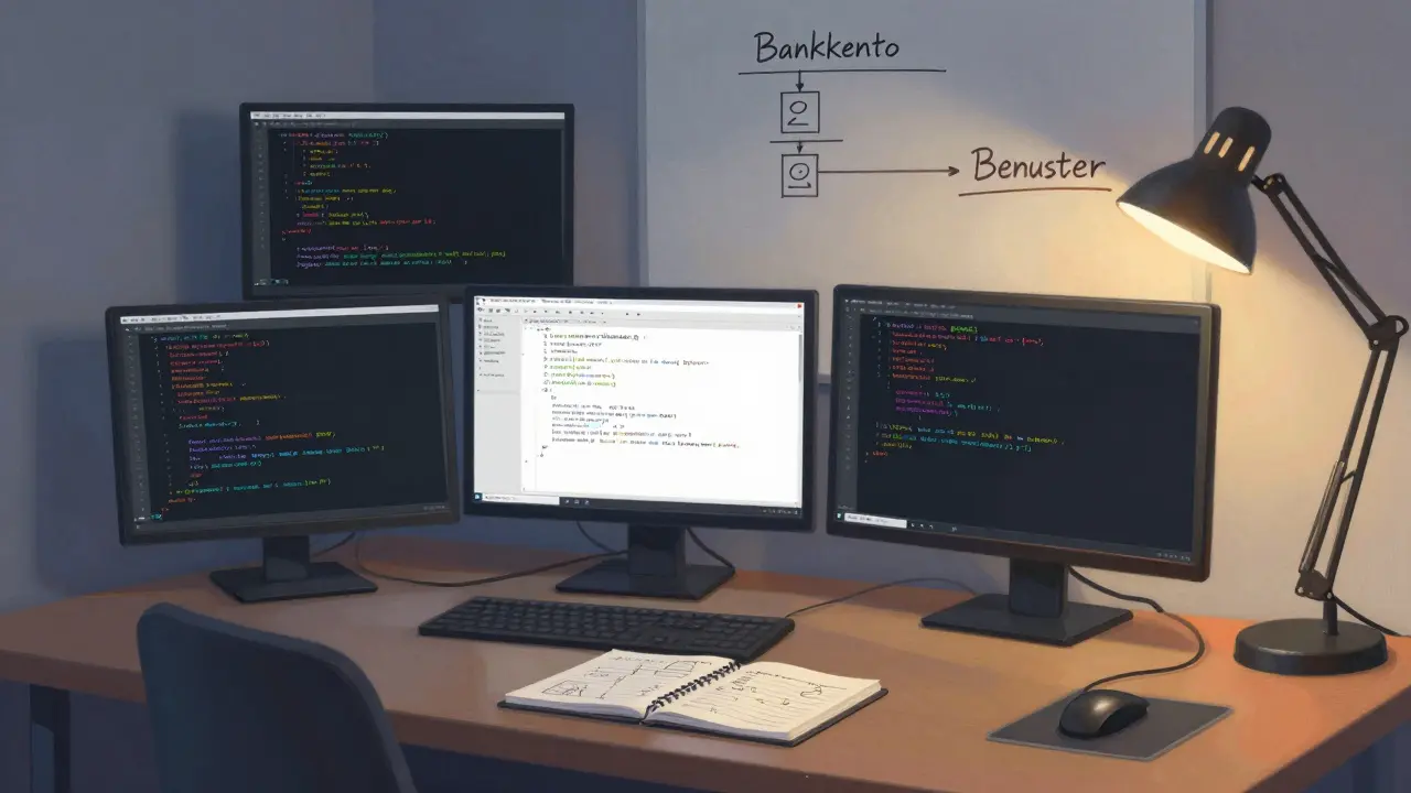 Programmierer mit mehreren Code-Dateien und einem Terminal-Fehler auf dem Bildschirm.