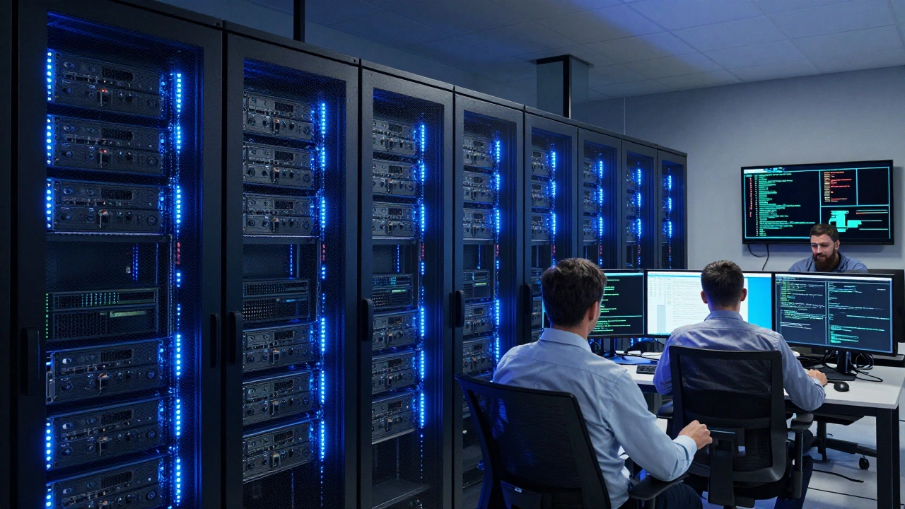 Serverraum in einer deutschen Bank mit laufenden Java-Systemen und blauen LED-Leuchten.