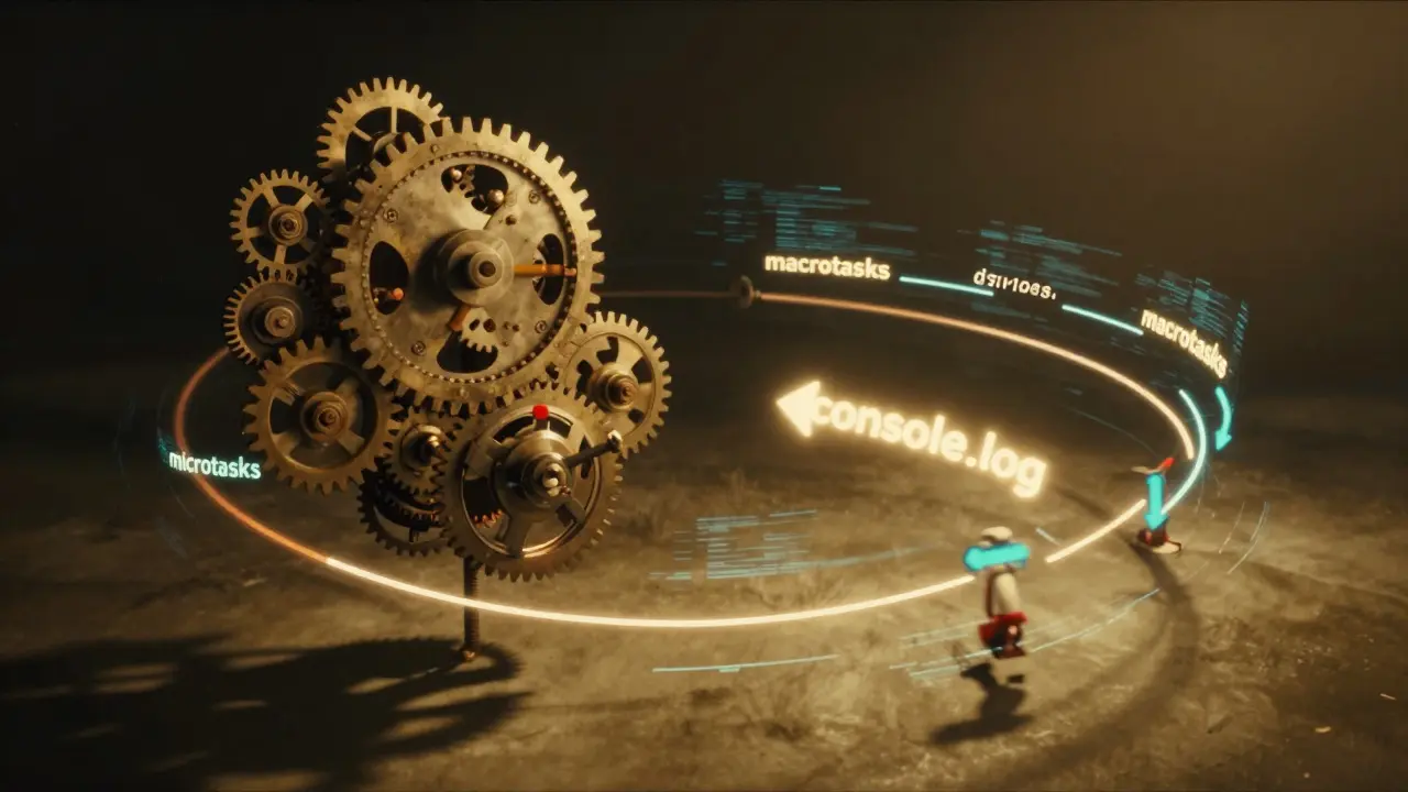 Uhrwerk des Event Loops mit Versprechen-Zahnrädern und wartenden Callbacks.