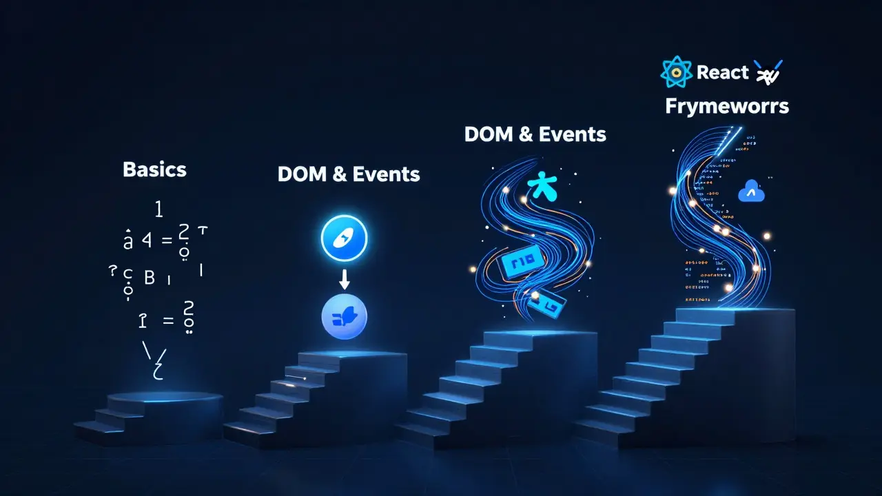 Vier aufsteigende Stufen aus Code, die die Lernphasen von JavaScript darstellen: Grundlagen, DOM, Asynchronität und Frameworks.