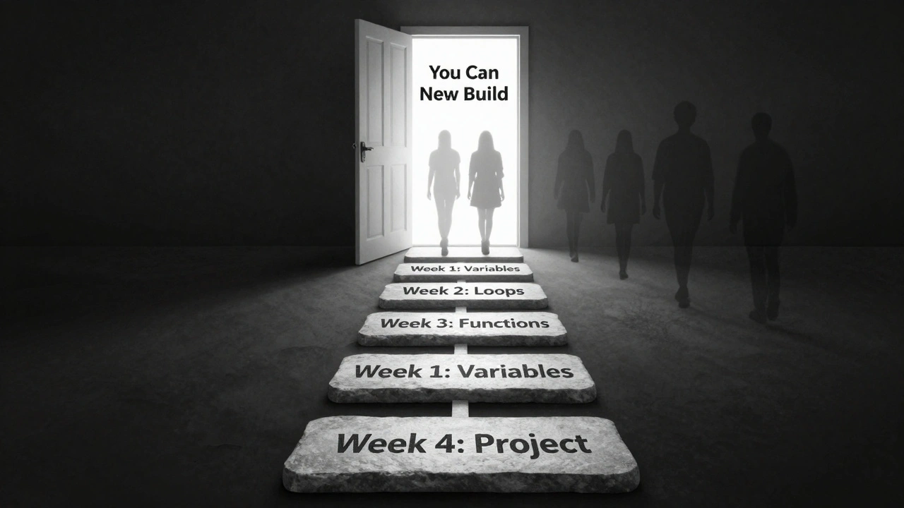 Weg aus Lernschritten zu einem hellen Tor, symbolisiert den Fortschritt beim Python-Lernen.