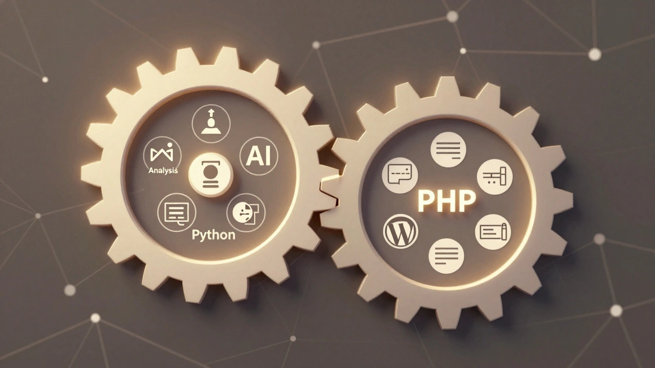 Zwei verknüpfte Zahnräder: Python für KI und Daten, PHP für Webseiten, im Web-Netzwerk.