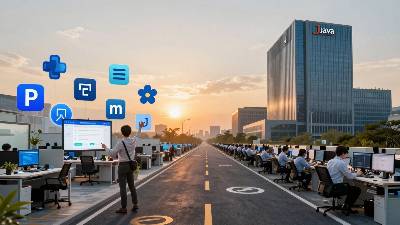 Zwei Wege in der Landschaft: Python für Startups und Java für große Unternehmen, symbolisch dargestellt.