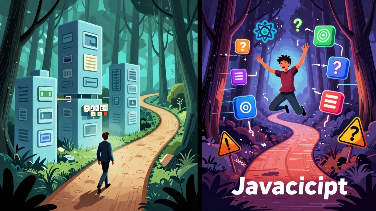 Zwei Wege in einer digitalen Landschaft: einer mit strengen Java-Klassen, der andere mit flüssigen JavaScript-Komponenten.