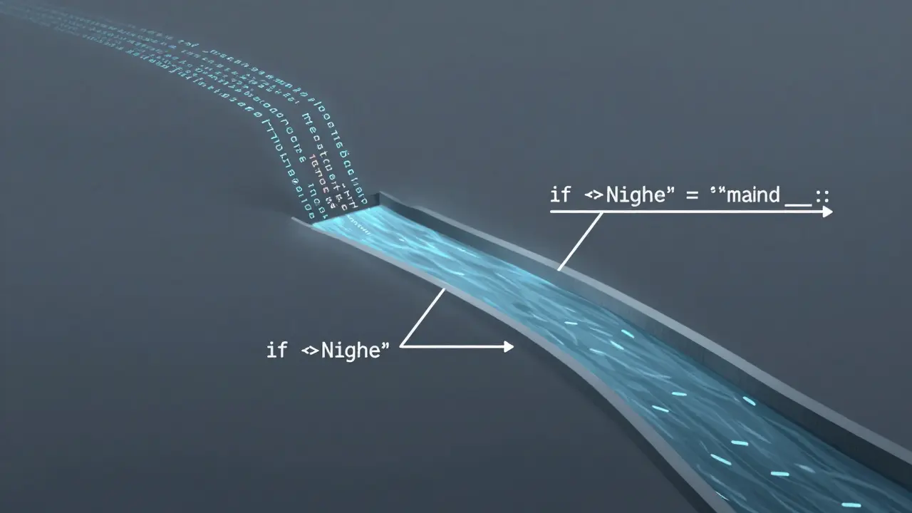 Abstrakte Darstellung von Python-Code als Fluss, der bei '__name__ == "__main__"' abzweigt.