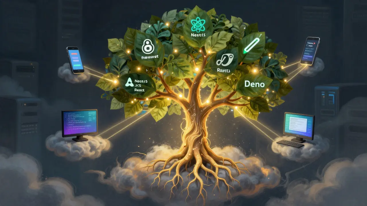 Abstrakte JavaScript-Baumstruktur verbindet Webgeräte und Server durch fließenden Code.