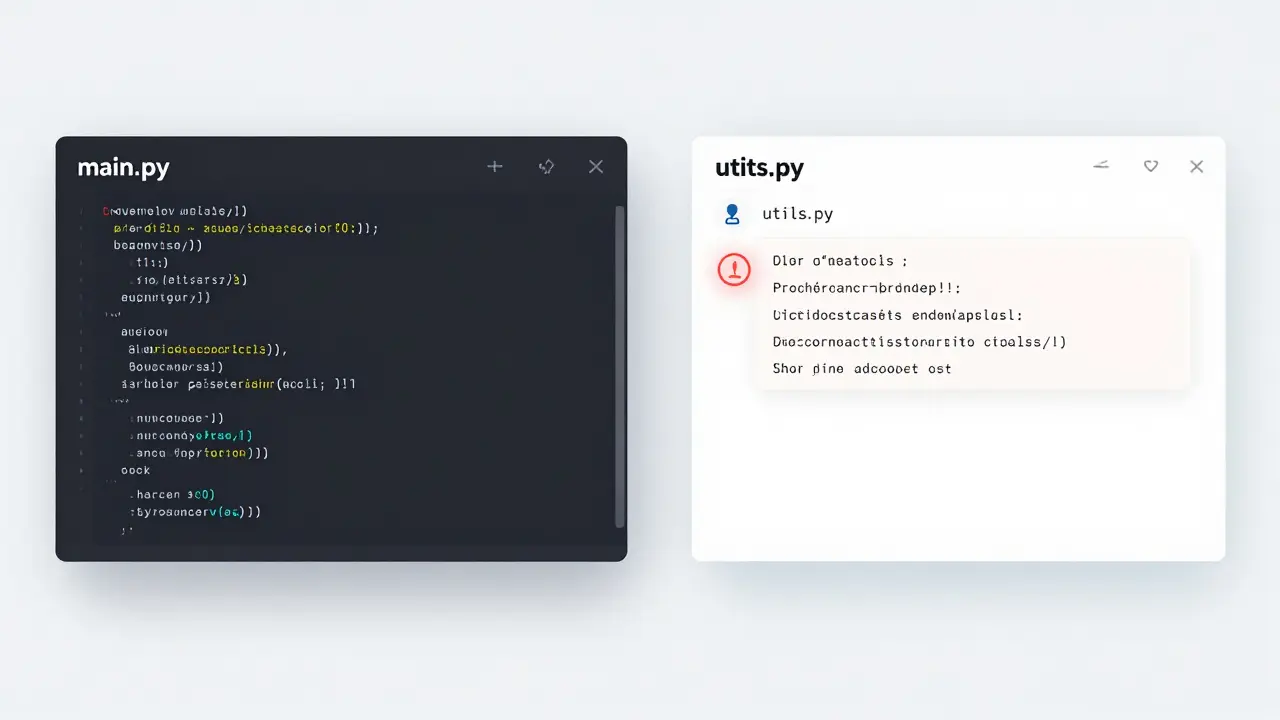 Aufgesplittete Ansicht: main.py wird ausgeführt, utils.py wird importiert – Warnsymbol bei ungeschütztem Code.