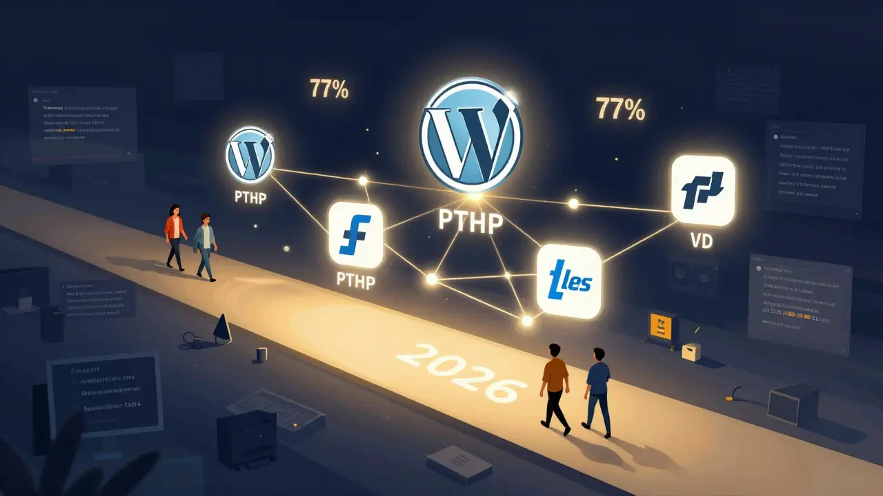 Digitales Netzwerk aus 77 % PHP-gestützten Webseiten mit WordPress und Laravel als zentrale Knotenpunkte.