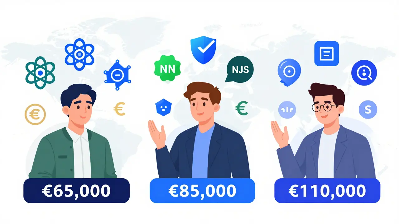 Drei Entwickler in Berlin, Zürich und San Francisco mit unterschiedlichen Gehältern und ihren Technologien umgeben.