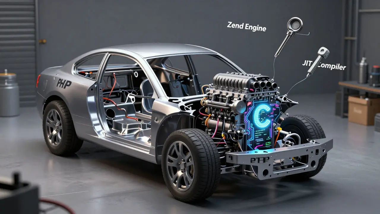 Ein Auto mit PHP-Karosserie und C-Motor, umgeben von Entwicklungswerkzeugen in einer Werkstatt.