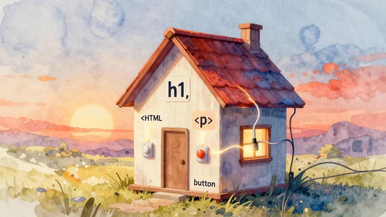 Ein Haus mit HTML-Wänden, die von CSS-Farben bemalt werden, während JavaScript-Kabel Lichter einschalten.