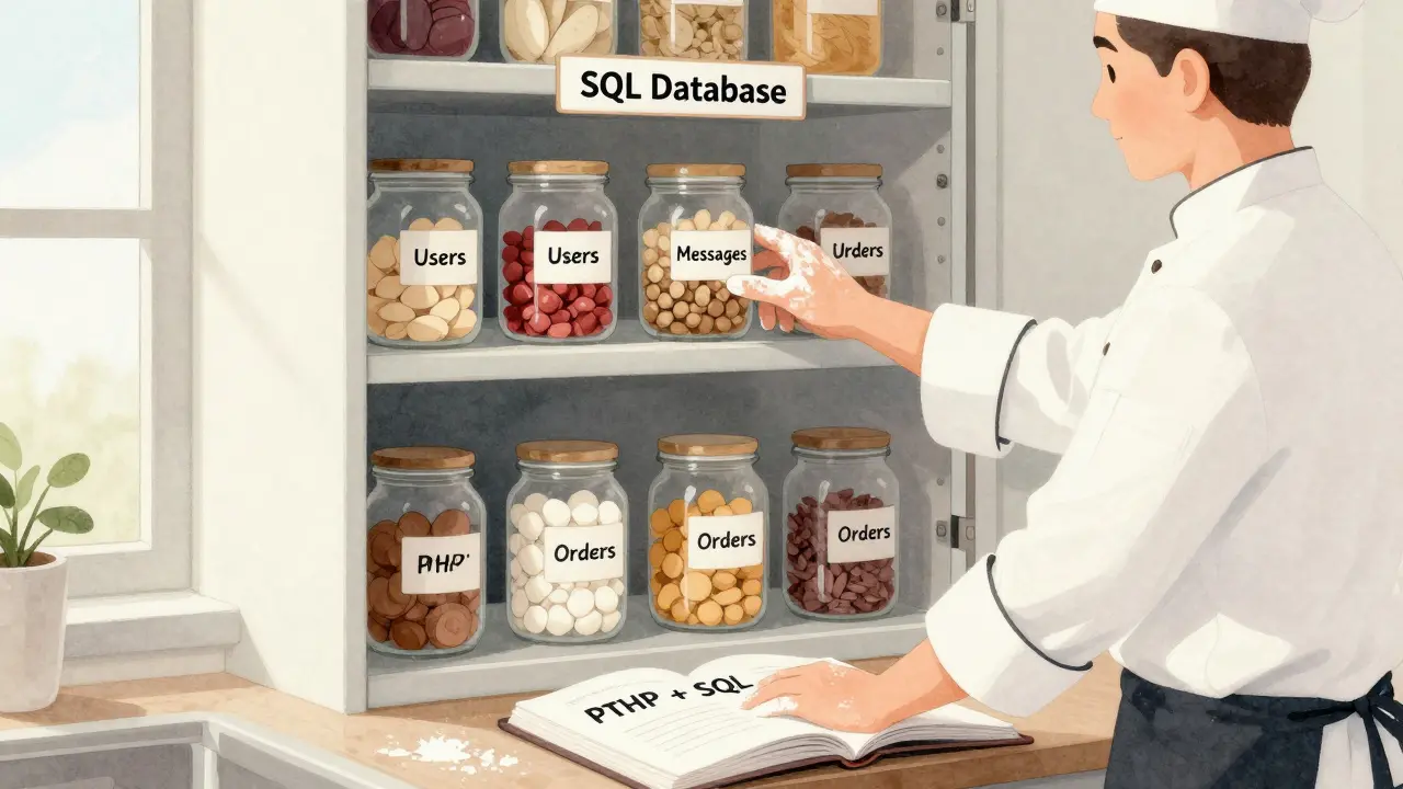 Ein Koch holt Zutaten aus einem Regal mit Etiketten wie 'Benutzer' und 'Nachrichten', symbolisch für PHP und SQL.