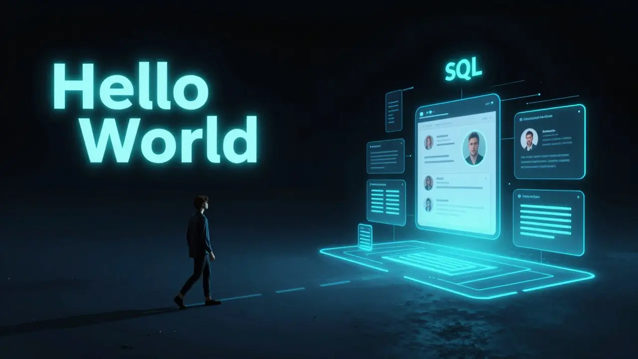 Ein Weg teilt sich: links leere Digitalwelt, rechts lebendige Datenbank-Interaktionen mit leuchtendem Pfad.