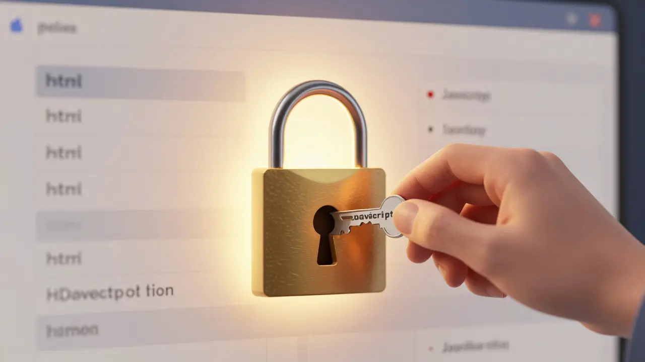 Eine Hand dreht einen Schlüssel mit 'JavaScript' in einem Schloss, das aus HTML-Elementen besteht, während dahinter Struktur sichtbar ist.