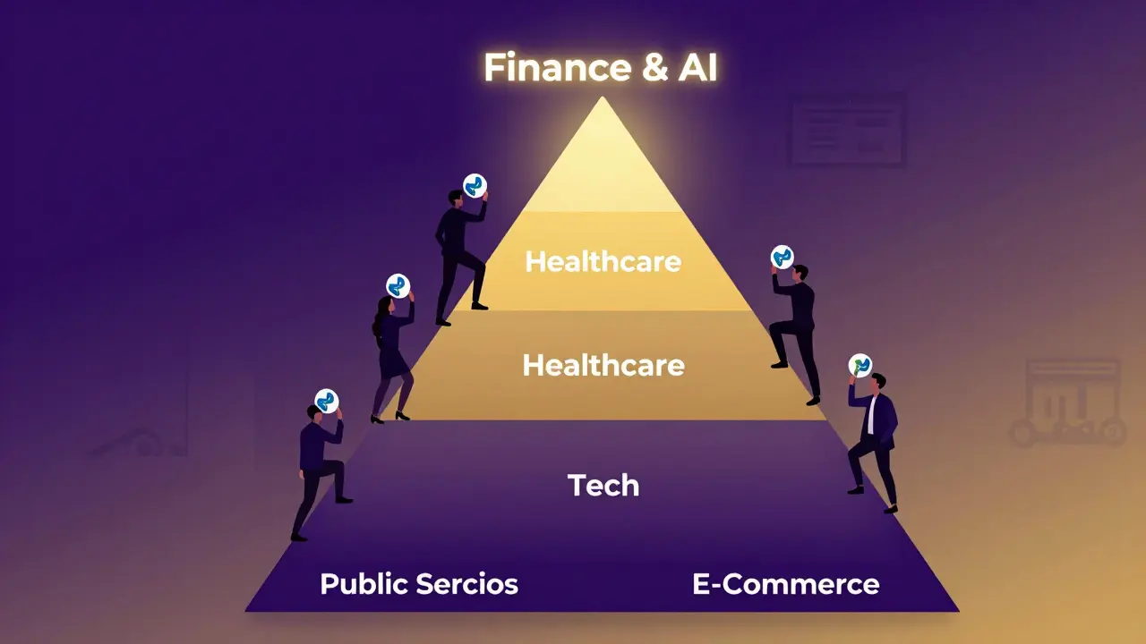 Eine Pyramide zeigt Gehaltsstufen für Python-Entwickler in Deutschland, mit Finanz- und KI-Bereichen an der Spitze.