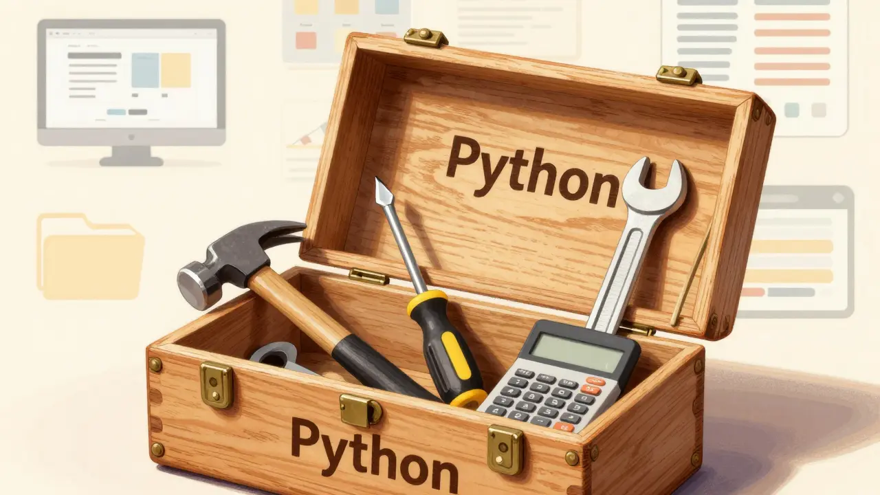 Eine Werkzeugkiste mit dem Label 'Python' — die meisten Werkzeuge sind unbenutzt, nur Hammer und Schraubendreher sind herausgenommen.