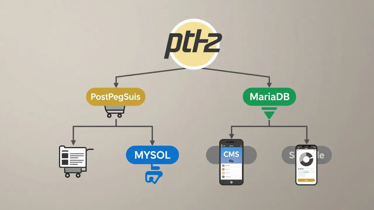Entscheidungsbaum zeigt die beste Datenbankwahl für PHP-Projekte in vier Pfaden.