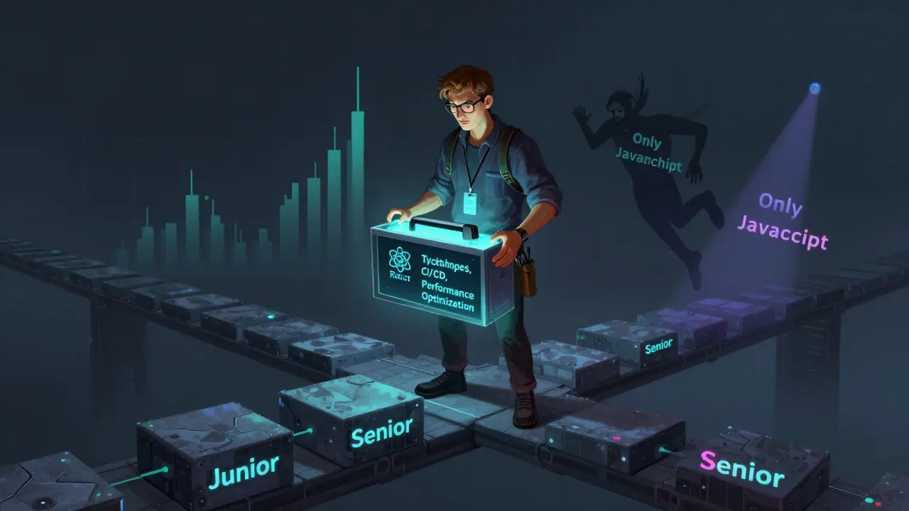 Entwickler als Handwerker mit einem leuchtenden Toolkit aus React, TypeScript und Performance-Tools, steht auf einer Code-Brücke.