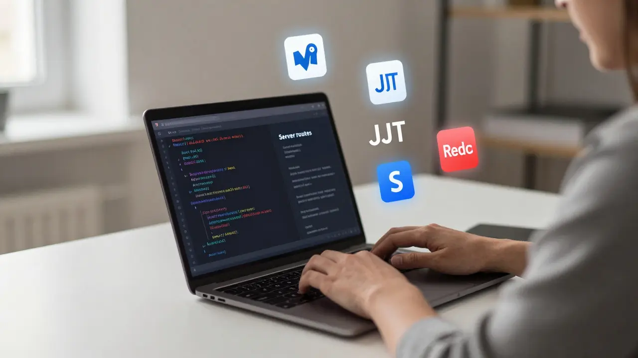 Entwickler arbeitet an einem Laptop mit Frontend- und Backend-Code gleichzeitig sichtbar.