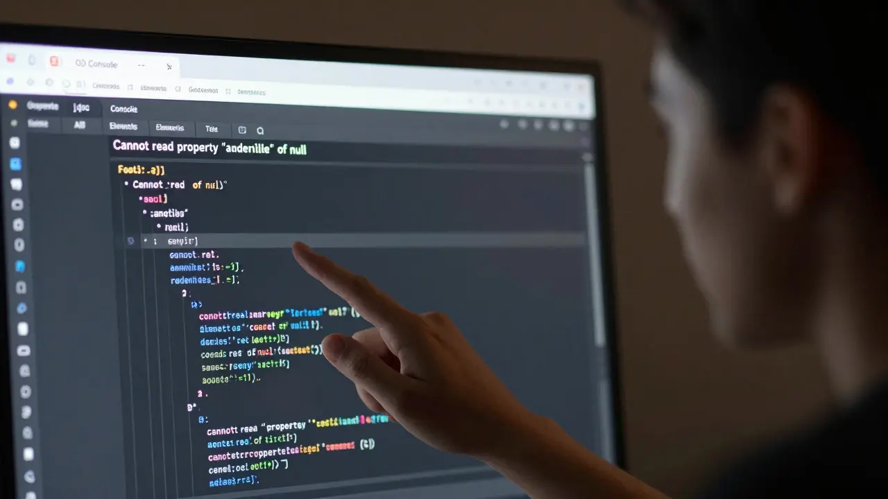 Entwickler sieht einen JavaScript-Fehler in den Browser-Entwicklertools, DOM-Baum ist auf dem Monitor sichtbar.