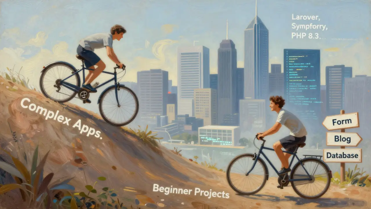 Fahrrad ohne Gangschaltung steigt einen Hügel hinauf, Symbol für PHPs einfache Einstiegsmöglichkeit.