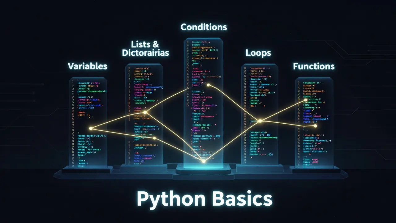Fünf leuchtende Säulen mit Python-Grundlagen, verbunden durch goldene Linien, auf dunklem Hintergrund.