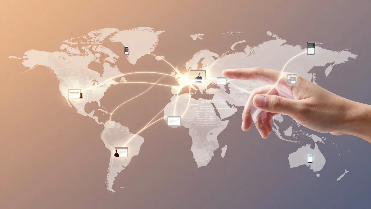 Globale Karte mit leuchtenden JavaScript-Verbindungen zwischen Geräten und Nutzern überall auf der Welt.