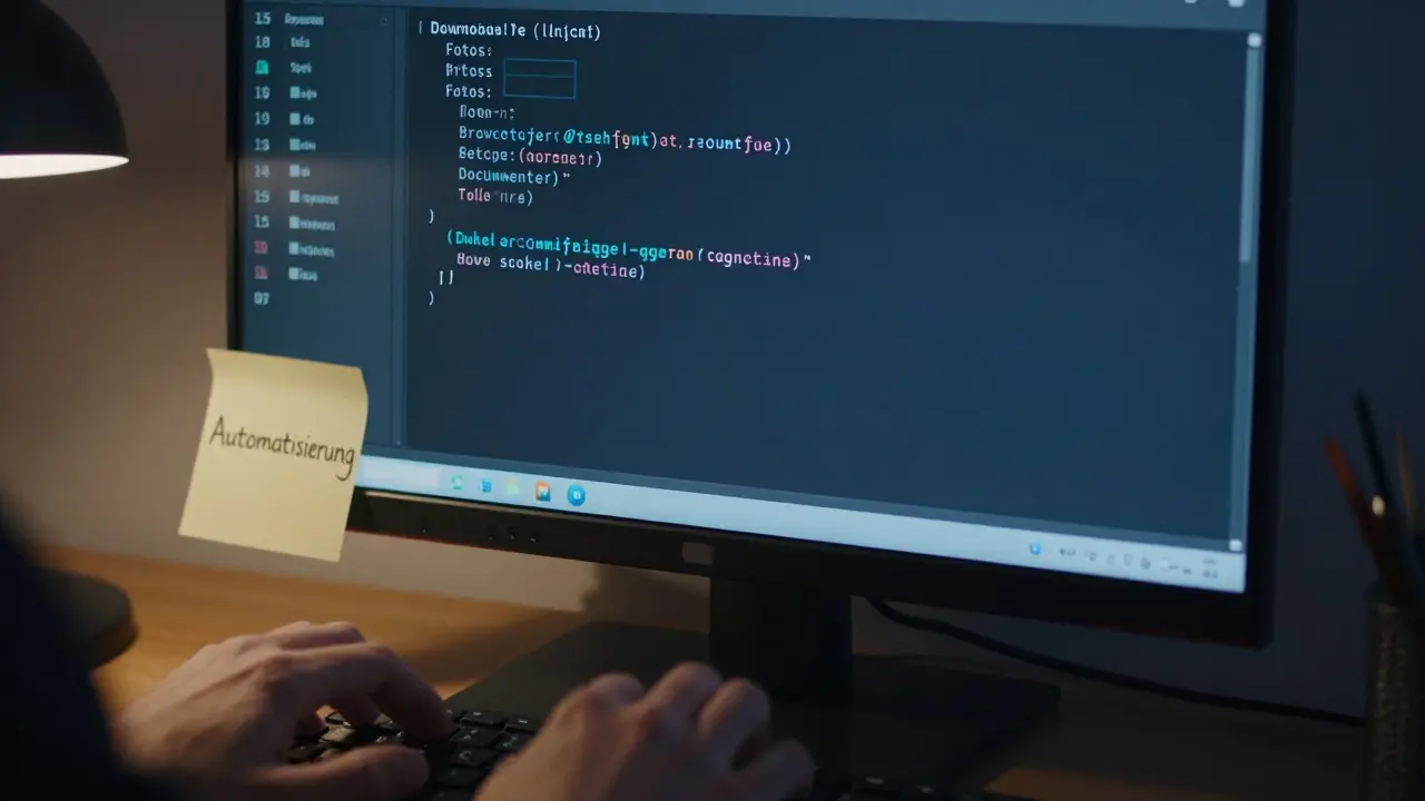 Hand tippt Python-Skript, das Dateien in Ordner verschiebt, mit sichtbarem Code auf dem Monitor.