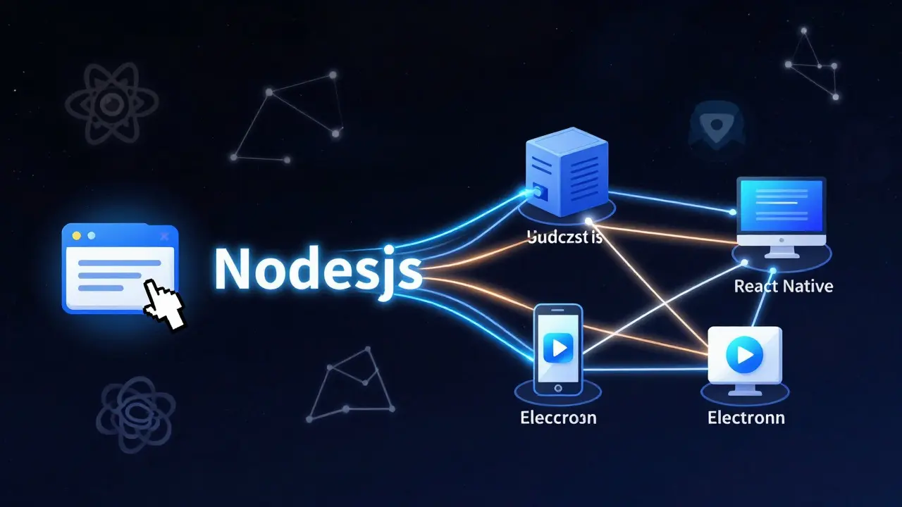 JavaScript-Code verwandelt sich in ein Netzwerk, das Browser, Server und mobile Geräte verbindet.