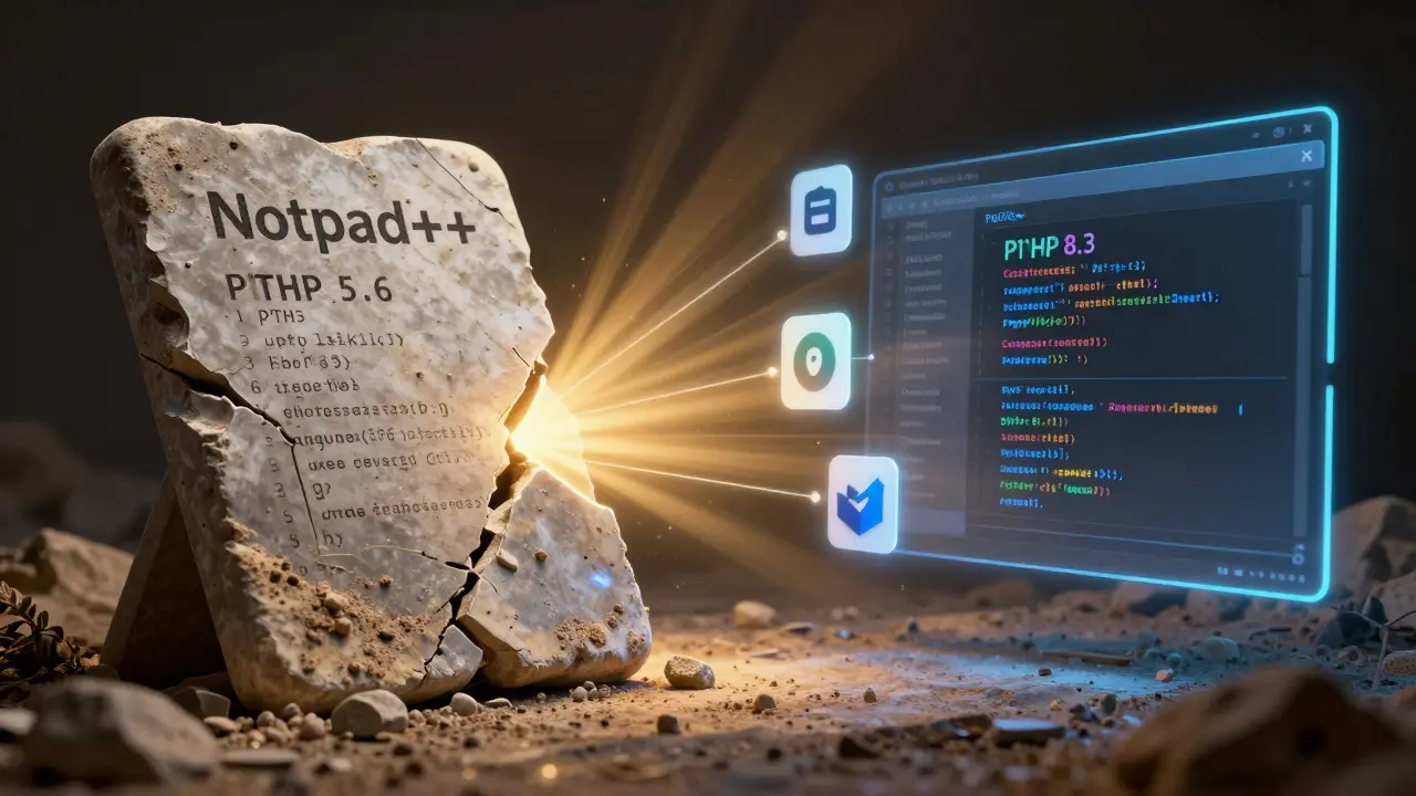 Kontrast zwischen veralteter PHP-Entwicklung und moderner IDE mit PHP 8.3 und Composer.