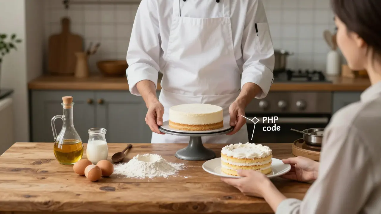 Küche mit Koch, der einen Kuchen vorbereitet, während ein Gast nur das fertige Dessert erhält.