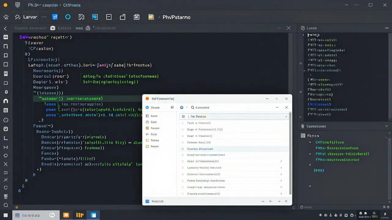 PHPStorm IDE mit Laravel-Projekt, integrierter Datenbank und Debugging-Tools in Dunkelmodus.