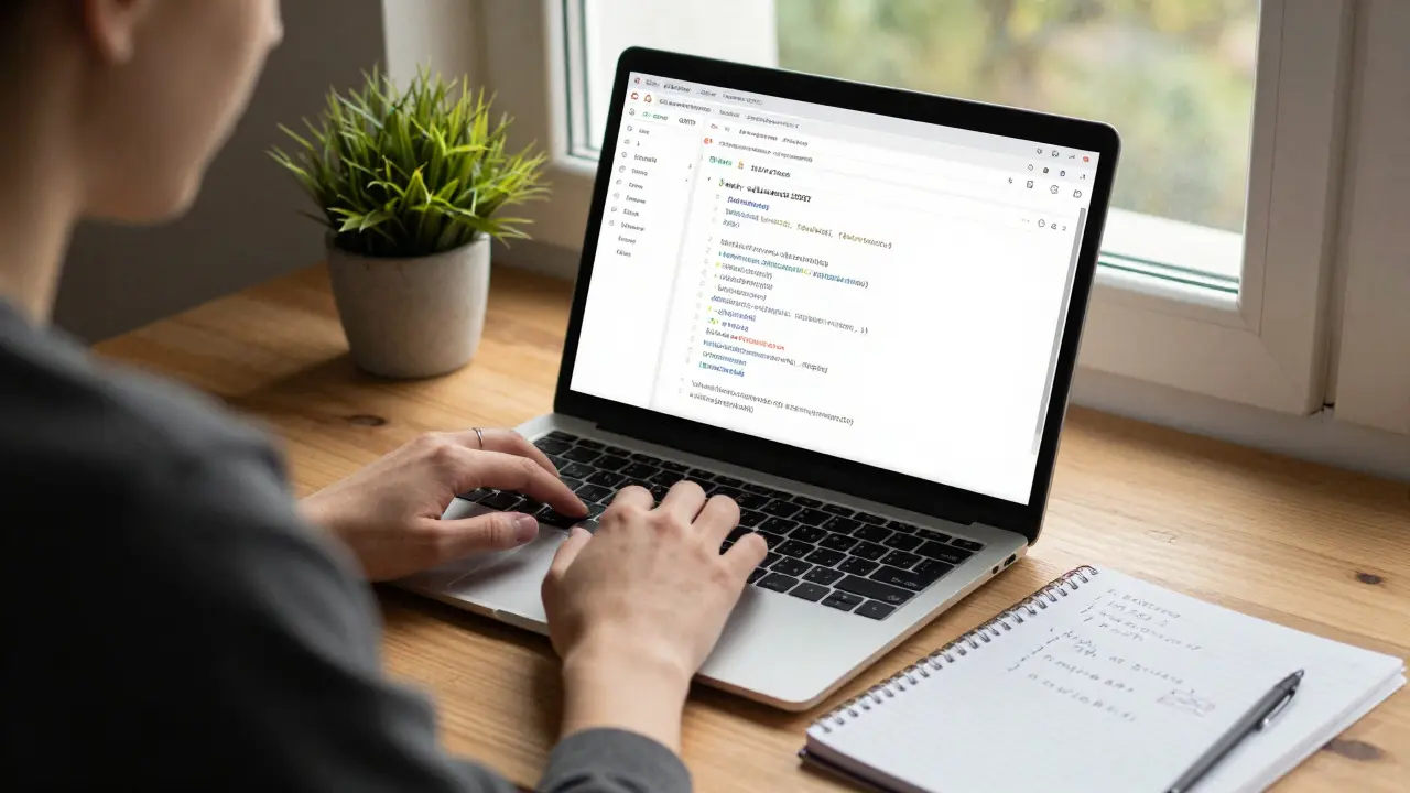 Student arbeitet mit SQLite auf Laptop bei Sonnenlicht, einfache PHP-Entwicklung.