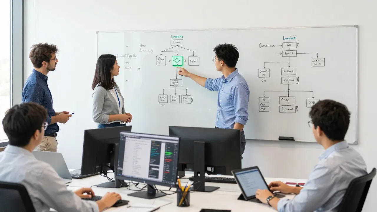 Team in einem deutschen Unternehmen diskutiert Laravel-Architektur und CI/CD-Pipelines an einer Whiteboard-Tafel.