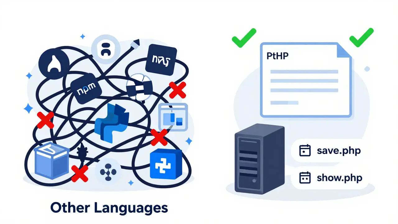 Vergleich: Chaos anderer Sprachen links, einfache PHP-Dateien rechts in klarem Design.