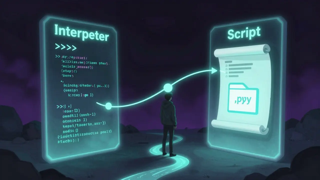Zwei leuchtende Portale symbolisieren Python-Interpreter und Skript-Ausführung, verbunden durch einen Pfad.