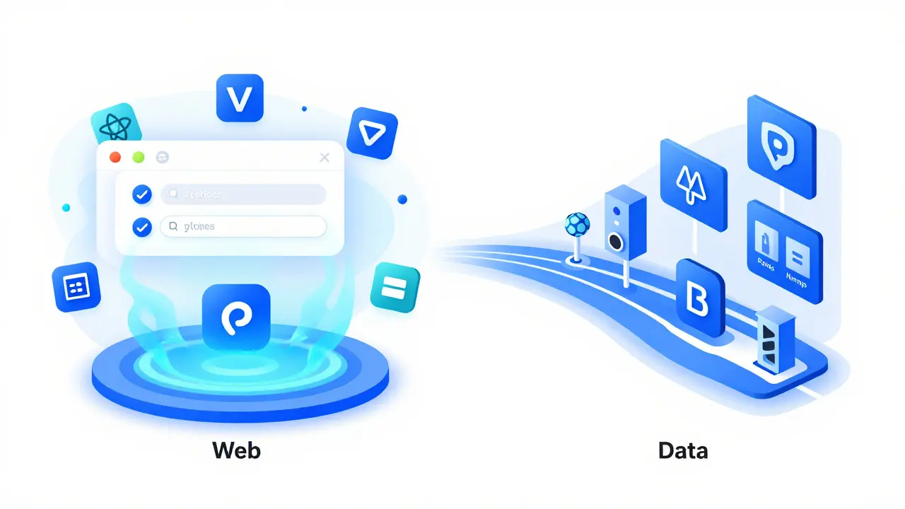 Zwei parallele Wege: JavaScript für interaktive Webseiten und Python für Datenanalyse mit Charts und Sensoren, stilisiert in modernem Flat-Design.