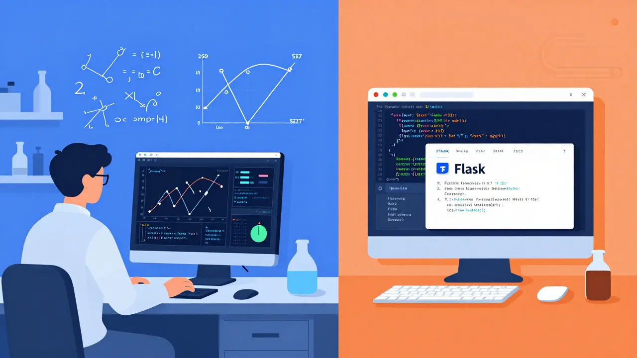 Zwei Personen nutzen Python: eine in einem Labor mit Datenvisualisierung, eine am Computer mit Webentwicklung.