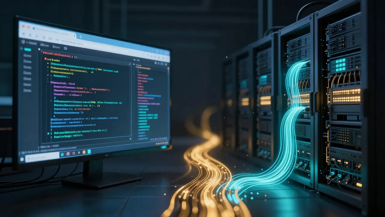 Zwei Welten: Browser mit JavaScript-Animationen und Server-Raum mit PHP-Datenströmen, verbunden durch einen goldenen Pfad.