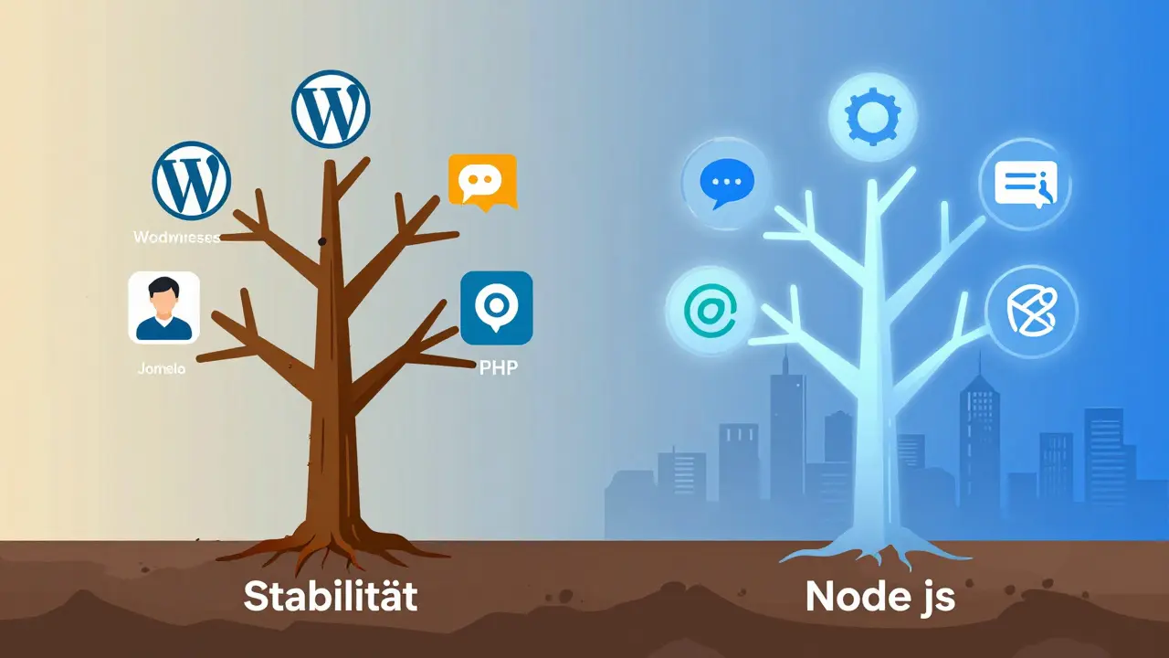 Zweigbaum mit PHP und Node.js als symbolische Stämme, verbunden mit Web-Icons.