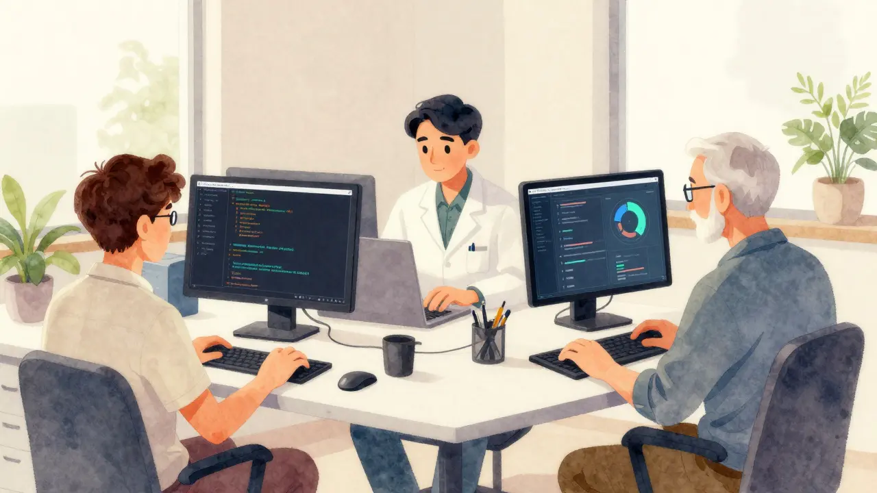 Drei Entwickler mit unterschiedlichen Python-Tools in einem Arbeitsraum.