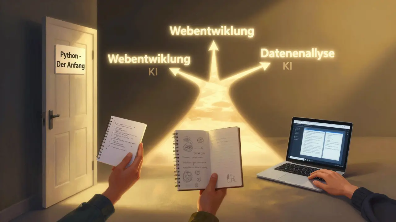 Drei Hände nähern sich einer Tür mit Python, die in drei Karrierepfade führt.