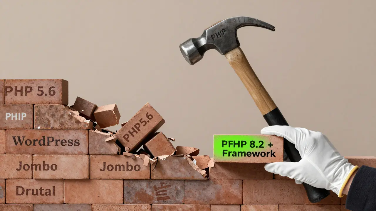 Ein Hammer mit 'PHP' zerbricht alte CMS-Systeme, während ein neuer, sicherer Stein gesetzt wird.