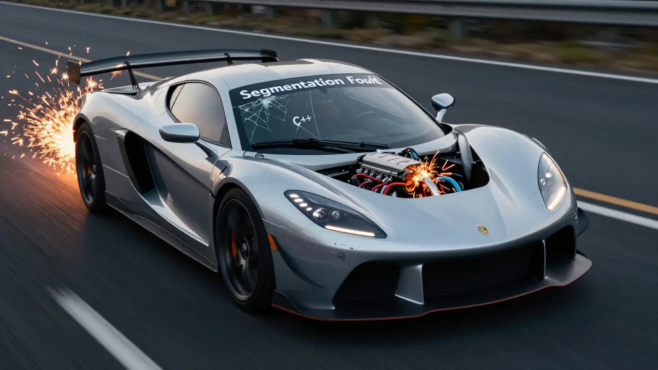 Sportwagen ohne Sicherheitsmerkmale, der auf dunkler Straße fährt, mit 'Segmentation Fault' auf der Windschutzscheibe.